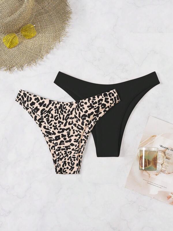 Swim Vcay 2 Stück Bikinihosen für Damen, einfarbig und Leoparden-Muster, Leoparden-Bikini