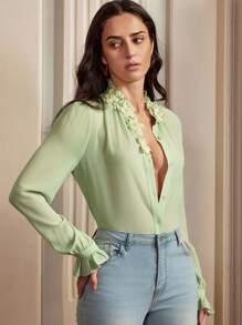 Anewsta Elegante Damen Bluse mit handgefertigter perlenverzierter Kragen-Dekoration, fließend, mit leichtem Rüschensaum und Langarm, für Frühling/Sommer, Festivals, Ausgehen