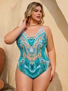 SHEIN CURVE+ Plus Size Women Retro Style Modest One-Piece Swimsuit With Skirt, Slimming High-Waist Digital Printed Two-Piece Swimsuit For Beach Holiday For Summer Beach Vacation - Multicolor - View 3