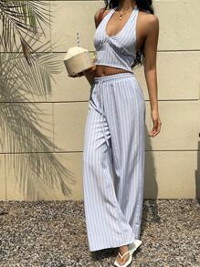 Sunnyshic Women's 2pcs/Set Women Vacation Casual Striped Halter Top And Long Pants. Spring/Summer