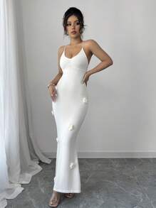 Elenzga 女士度假 3D 花卉透明海滩交叉系带侧裙 - 米色 - 查看 4