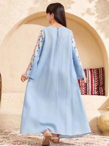 SHEIN Tween Girls Loose Casual Crew Neck Solid Color Patchwork Pattern Dress