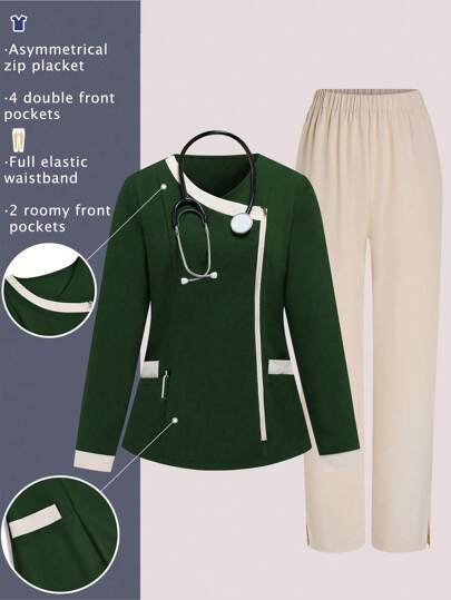 TaskEZ 女式撞色长袖上衣和裤子 手术服套装 跑步护士制服套装 洗手口袋透气拉绒服装套装 带口袋的手术弹性运动工作服 手术上衣和裤子套装 女式手术套装：缺口 V 领塞入式上衣和直筒裤 基本慢跑手术套装 护理制服弹力上衣和抽绳工装裤