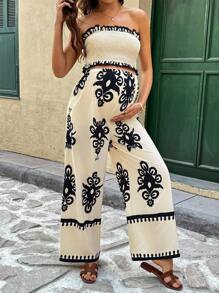 SHEIN 孕妇宽松露肩抹胸和阔腿裤两件套，休闲度假 - 卡其色 - 查看 6