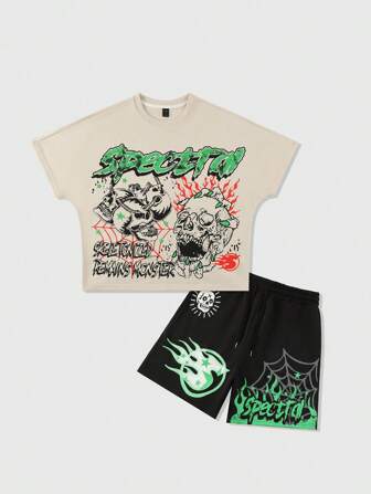 Street Life Herren Set aus T-Shirt mit Buchstaben- und Schädel Grafik Rundhalsausschnitt und Kurzarmshorts mit Kordelzugbund