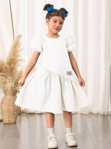 Young Girls' Loose Cute Cap Sleeves Round Neck Asymmetrical Ruffle Hem A-Line Dress - White - View 4