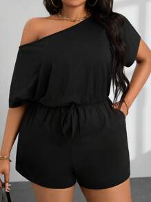 SHEIN PETITE CURVE 女款大尺碼夏季休閒傳統露肩短袖連身褲 正式外出穿著 黑色 - 黑色 - 查看 3