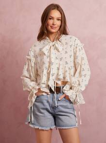 WESTFADE Floral Printed Scarf Tie Ruffle Peplum Long Sleeve Crop Top - White - View 5