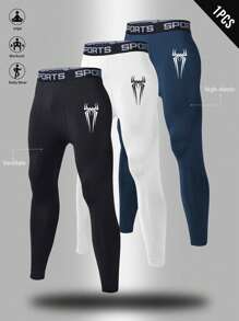 Manfinity Sport Corelite Men's Spider Print & Letter Design Sports Compression Leggings Comfortable Breathable Slim Fit For Gym Compression Sports Tights White Leggings1pc Men's Thermal Lined Base Layer Pants, High Elasticity Waist Compression Leggings, Solid Color, Knit Fabric, Suitable For Casual & Formal Occasions, Autumn/Winter Thermal Pants