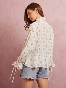 WESTFADE Floral Printed Scarf Tie Ruffle Peplum Long Sleeve Crop Top - White - View 3