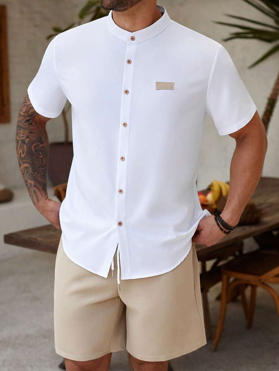 Manfinity Homme Plus Size Men's Single-Breasted Short Sleeve Shirt And Shorts Casual 2 Pieces Set - Multicolor - View 1