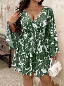 大码假日休闲全印花喇叭袖连衣裙 - 綠色 - 查看 4