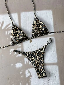 Swim Vcay 女士豹纹随机印花性感细肩带金属首饰比基尼套装，海滩夏季装 - 彩色 - 查看 2