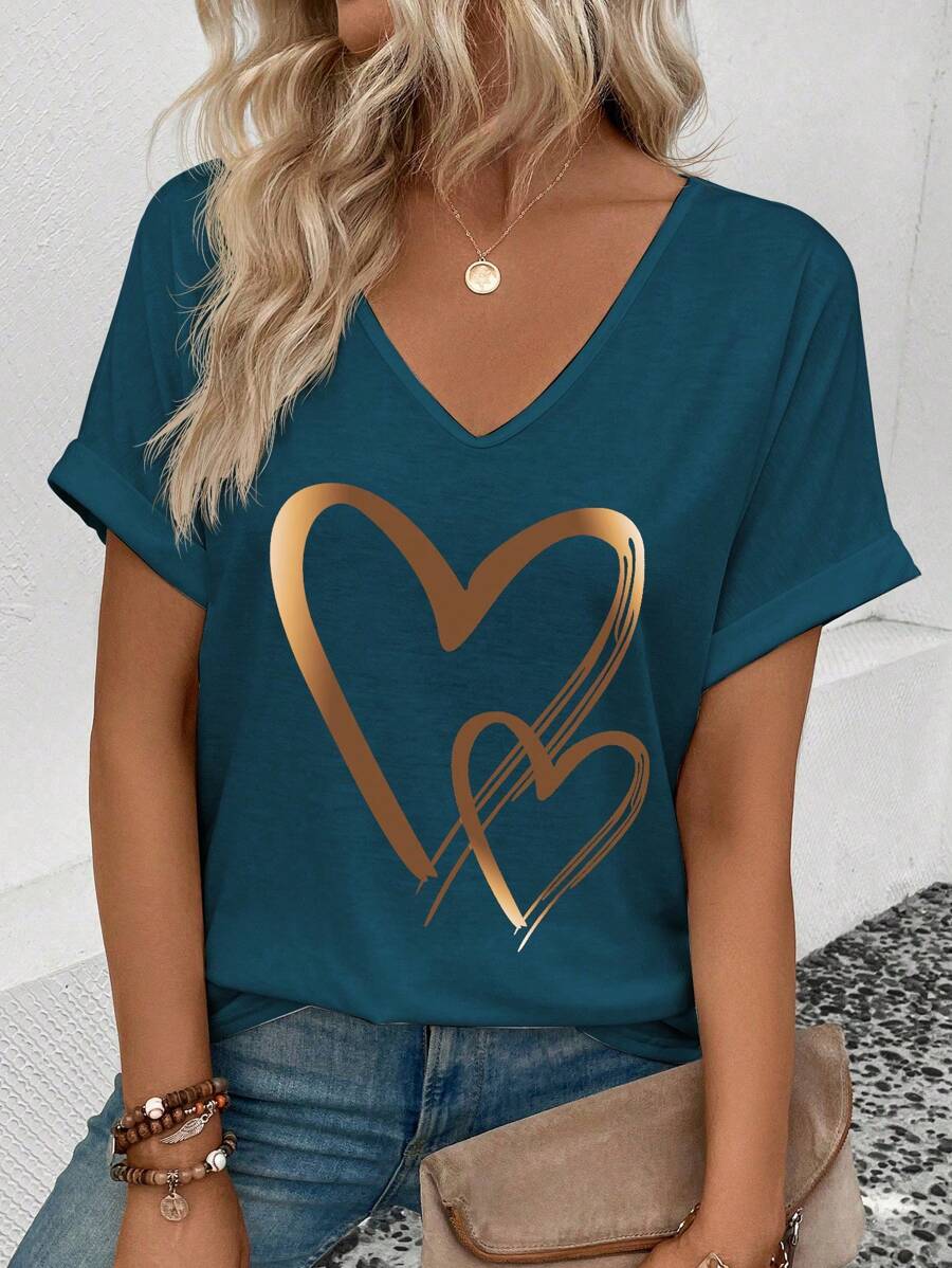 EMERY ROSE Women Summer V-Neck Buttoned Cuff Heart Graphic T-Shirt Graphic Tees Women Tops