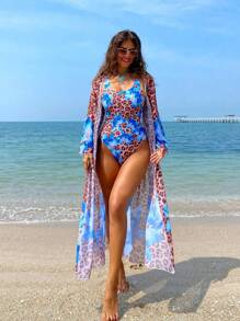 SHEIN Swim 2pcs Swimsuit Set: Tropical Print Kimono Cover Up + Sexy Leopard & Hibiscus Blue Flower Two-Piece Swimwear Suit For Beach Holiday For Summer Beach Vacation - Multicolor - View 7