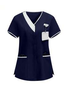 TaskEZ Two-Tone Splice Short Sleeve Top And Pants Scrub Uniform Set