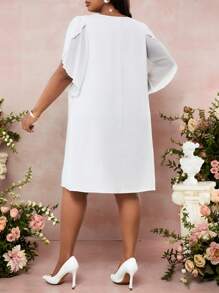 SHEIN Lady Spring And Summer Casual Elegant Boho Beach Commuting Office White Woven V Neck Flounce Sleeve Contrast Collar Contrast Mesh A Line Dress Midi Short Sleeve Plus Size Dresses Elegant Women Dresses Classy Outfits - Beige - View 2