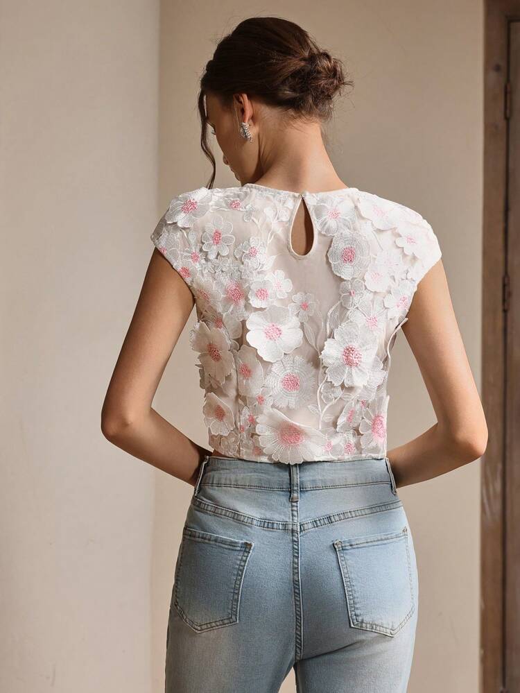 Handmade Elegant Exclusive Romantic Floral 3D Embellished Blouse, Elegant Romantic Top, Spring, Summer For Women
