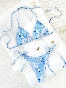 Floral Print Bikini Swimwear, Vacation Beach Split