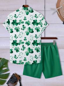 Manfinity Homme Heren Casual Clover Print Korte Mouw Enkelrijs Shirt En Shorts Set Voor Vakantie