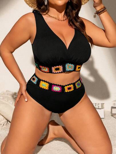 SHEIN Swim Curve Plus Size Women Ribbed Floral Decorated Adjustable Strap Bikini Set, Beach Vacation Swimwear For Summer