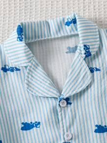 SHEIN 2pcs/Set Young Boy Stripe Car Pattern Short Sleeve Polo Collar Shorts Home Wear Set - Baby Blue - View 6