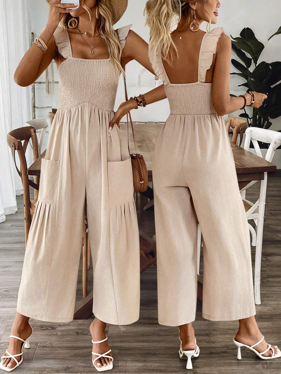 EMERY ROSE Women's French Casual Loose Linen-Feel Jumpsuit, Spring/Summer