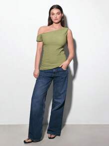 Maija Plus-size asymmetrische zoom T-shirt van getextureerde stof, korte mouwen