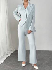 Modelyn 3 件套女士高端休闲条纹西装套装：阔腿裤、西装外套、浅蓝色衬衫 - 藍色 - 查看 5