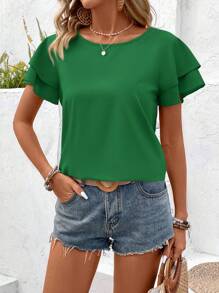 SHEIN LUNE 节日休闲纯色荷叶边短袖衬衫