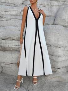 Breezaya Women's Color Block Deep V Neck Sleeveless Casual A Line Dress - White - View 3