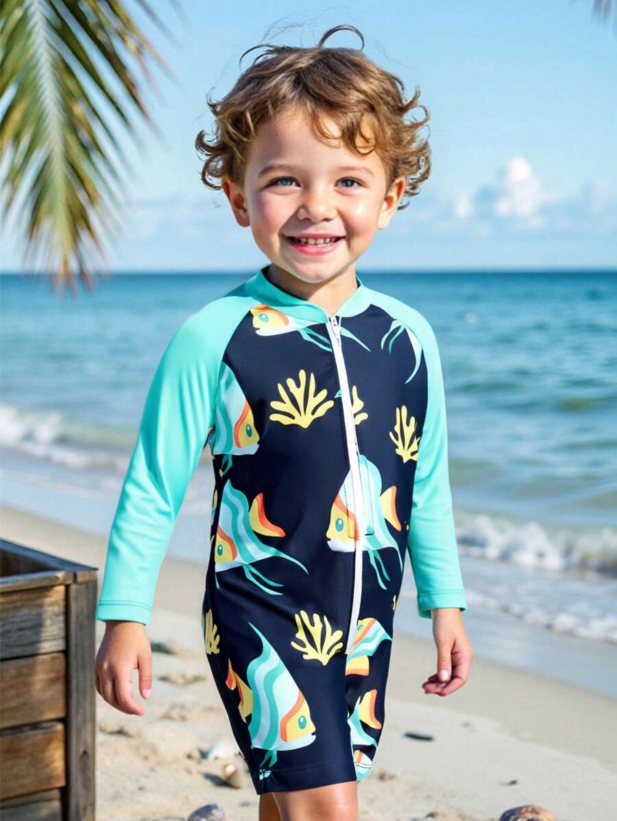 1pc Baby Boy Round Neck Contrast Color Long Sleeve Swimwear, Casual For Vacation
