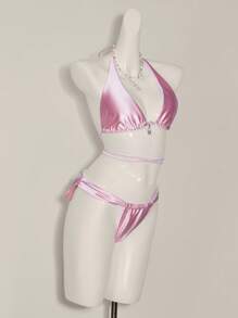 SHEIN ICON Sexy Solid Color Backless Halter Neck Swimwear Top For Summer Beach Vacation - Pink - View 9