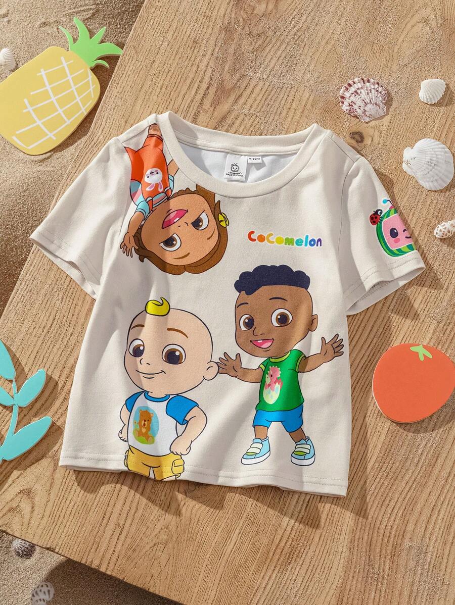 CoComelon X SHEIN Baby Boy Cartoon Print Casual Short Sleeve T-Shirt - Apricot - View 1
