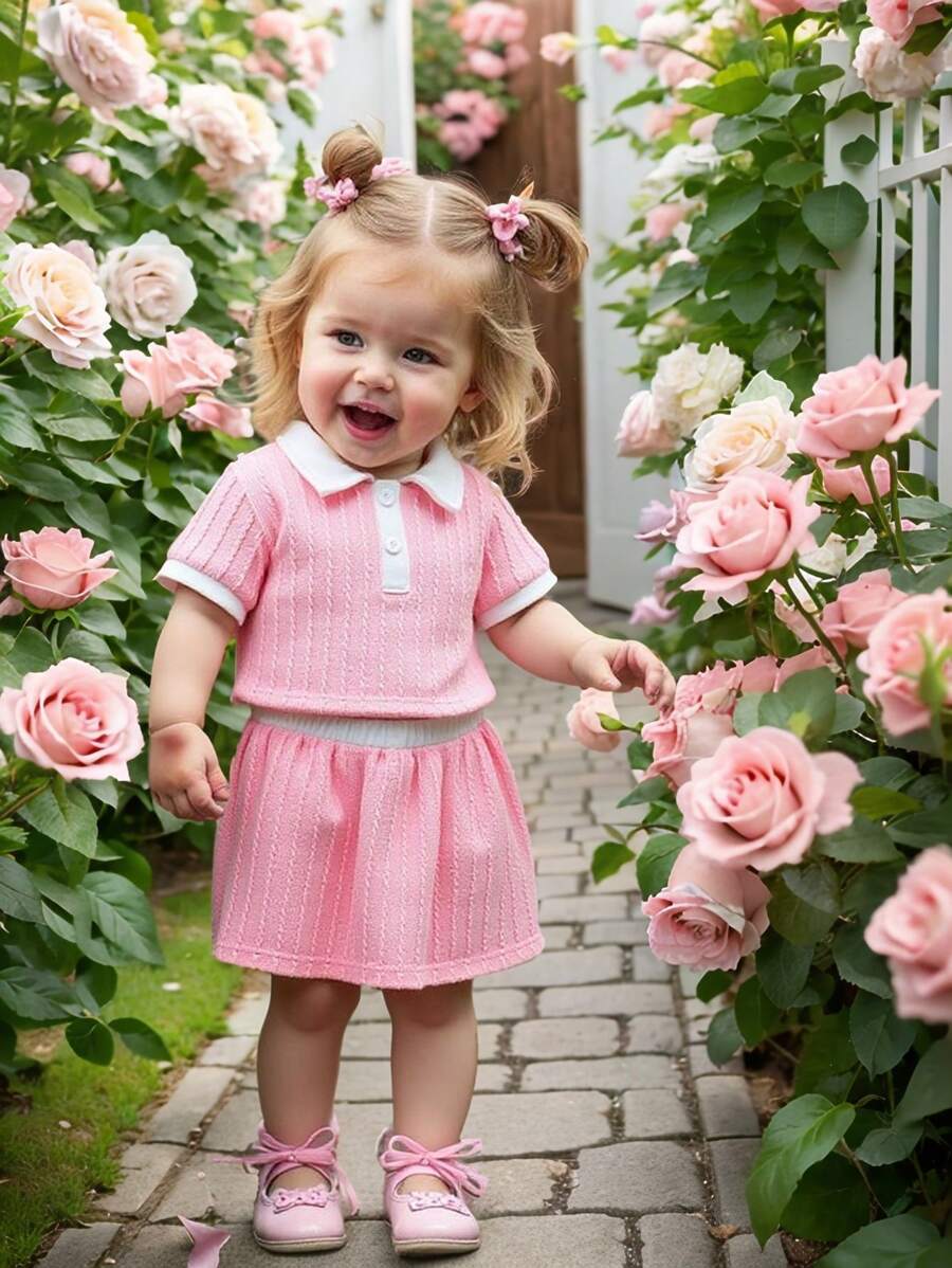 2pcs Baby Girls Vertical Striped Front Button Shirt And Shorts 2 Pieces Set, Fashionable Spring/Summer