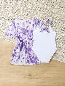 2pcs/Set Young Girl Swimsuit, Tie-Dye Heart Shaped With Adjustable Strap One-Piece Swimsuit & Cover-Up - Purple - View 2