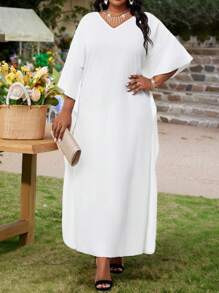 SHEIN Lady Spring And Summer Casual Elegant Boho Casual Outing Office White Knitted V Neck Flounce Flounce Sleeve Split Tunic Dress Kaftan Dress Long Short Sleeve Plus Size Dresses Elegant Women Dresses Classy Outfits Spring Outfits For Women Summer Dress Vacation Beach Vacation Outfits Spring Clothes Summer Clothes Beach Outfits For Woman Dresses For Women Elegant Modest Dress Abaya Dress Bohemian Boho Women Clothing White Dresses Beach Vacation Dresses For Women Elegant
