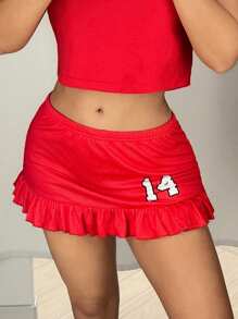 SHEIN ICON Minifalda roja con estampado numérico y volantes en el bajo, de talle bajo - Rojo - Ver 8