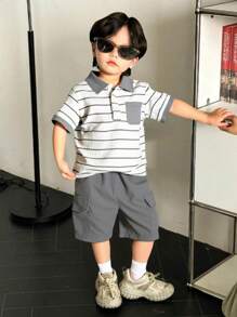 SHEIN 2pcs/Set Young Boy Textured Stripe Polo Collar Outfit - T-Shirt And Pants, Summer