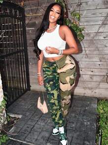 Maweii Regular Plus Size Women Loose Camouflage Color Block Asymmetrical Hem Drawstring Pants - Multicolor - View 3