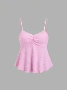 Sweetra Nuevo conjunto de camisetas sin mangas de mujer con volantes, encaje texturizado y patchwork en blanco y rosa