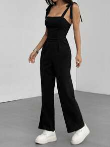 SHEIN PETITE Women's Black Spaghetti Strap Bowknot Jumpsuit, Straight Leg, Long Length, Fashion Minimalist Casual Commuter Daily Versatile, Suitable For Petite Women In Spring And Summer