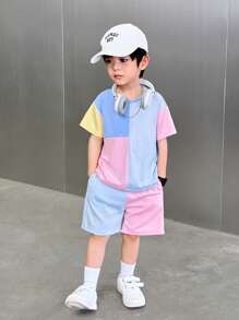 SHEIN 2pcs/Set Young Boys Casual Comfortable Versatile Contrast Color Patchwork Short Sleeve Top And Shorts