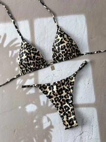 Swim Vcay 女士豹纹随机印花性感细肩带金属首饰比基尼套装，海滩夏季装 - 彩色 - 查看 3