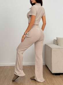 Flirla Women's 2pcs/Set Apricot Ribbed Knit Zip-Up Collar Tight Short Sleeve Crop Top & Vintage Flare Pants, Soft Comfortable Casual Sports Athleisure Daily Wear For Women, Spring/Summer - Apricot - View 2