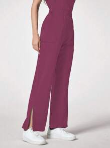 TaskEZ Solid Color V-Neck Short Sleeve Pocket Top And Pants Scrub Uniform Set - Purple - View 4
