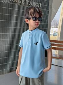 SHEIN Leap Crew Tween 男童休闲鸟印花撞色边饰短袖 Polo 衫，夏季 - 淺藍色 - 查看 2