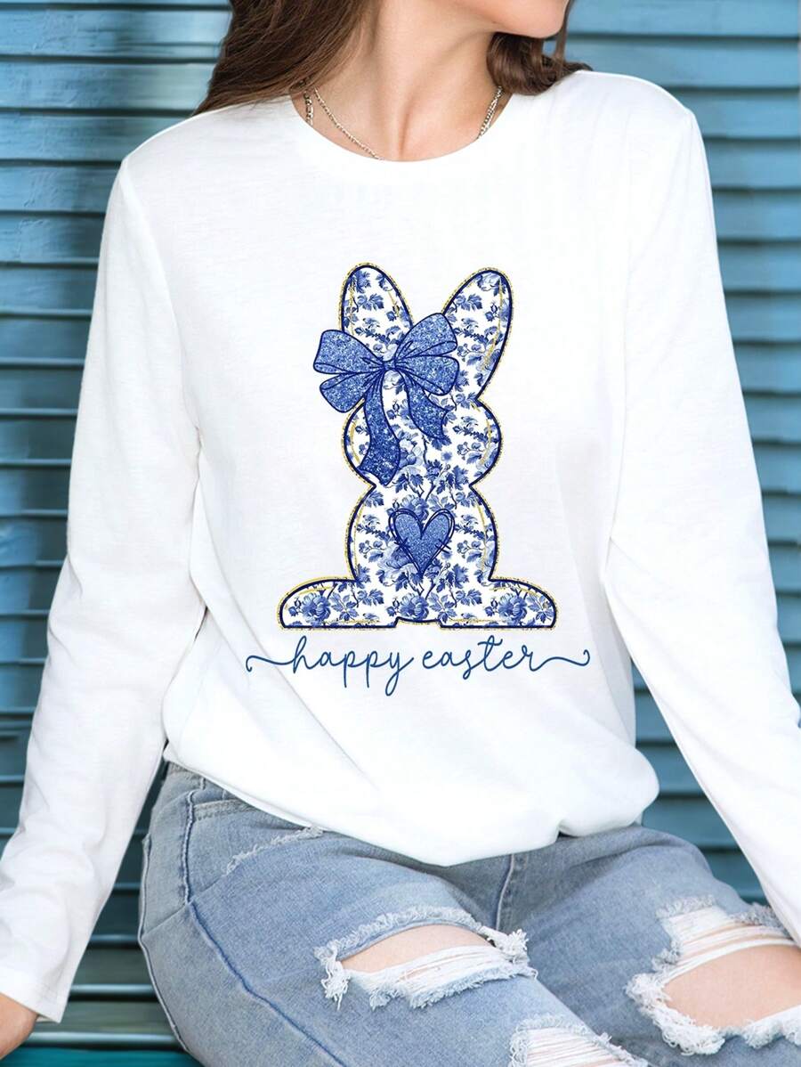 Jouncy 兔子印花修身圆领长袖 T 恤，常规款式，适合复活节