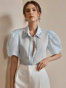 Anewsta Áo kiểu nữ thanh lịch hiện đại tay phồng ngắn tay đính đá, thích hợp cho các dịp lễ hội, đi chơi, nghỉ mát. - Màu xanh lam - Xem 6