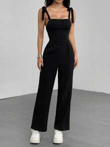 SHEIN PETITE Women's Black Spaghetti Strap Bowknot Jumpsuit, Straight Leg, Long Length, Fashion Minimalist Casual Commuter Daily Versatile, Suitable For Petite Women In Spring And Summer